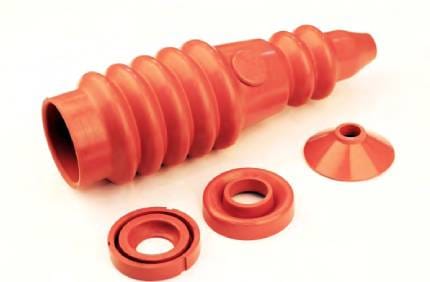 Red ribbed EPDM insulating boot photographed beside two split grommets and a conical plug