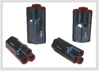 Moulded three-way heat-shrink cable breakout, cylindrical body with three tapered legs, shown unshrunk