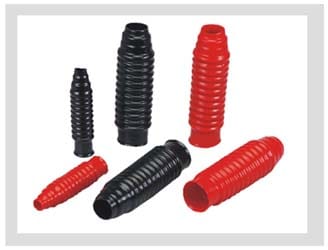 Six flexible PVC bellows in red and black, concertina-ribbed sleeves in a range of lengths and throat diameters