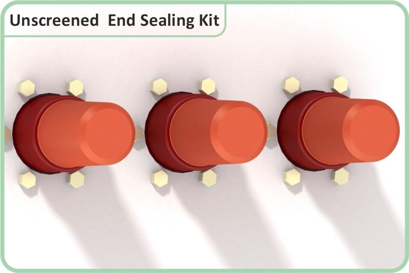 Three red bushings on a panel wall closed with plain red unscreened end caps, no earth wire fitted, mounting bolts visible around each flange