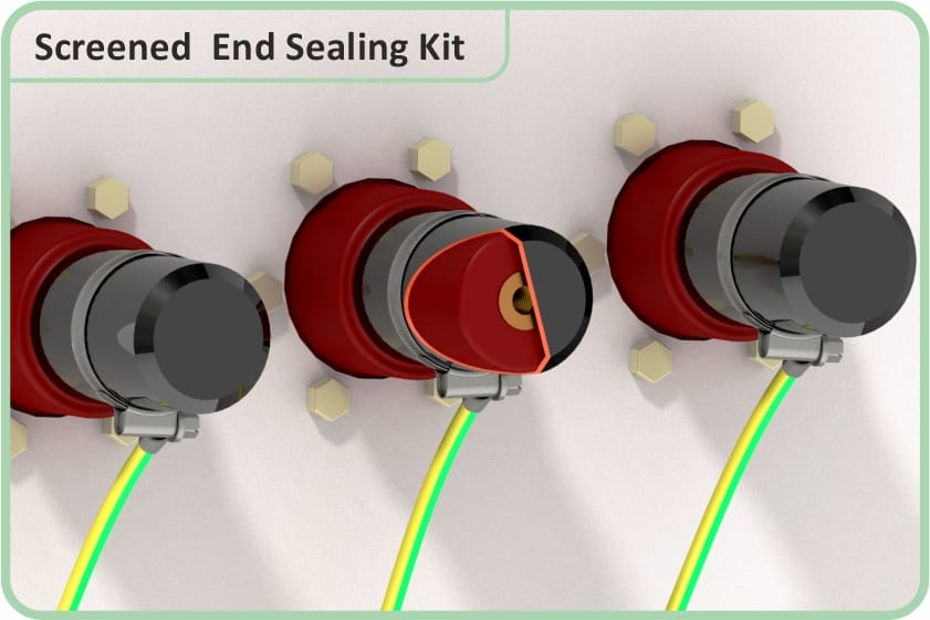 Three red bushings on a panel wall fitted with black screened end caps secured by hose clamps, each clamp carrying a green and yellow earth wire, the centre cap cut away