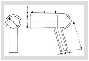 Dimensioned line drawing of a right-angle heat-shrink boot, end view showing bore and wall thickness, side view labelled R, P and d